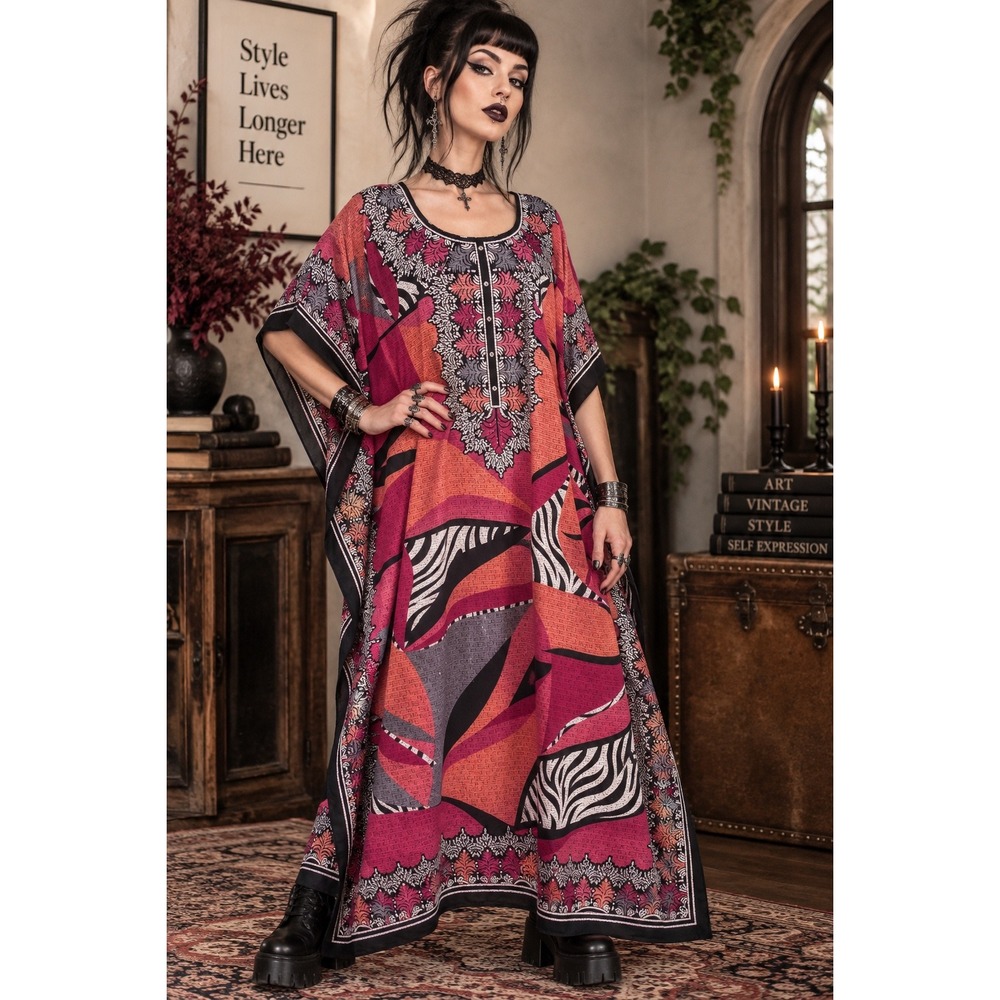 Sante Classics Womens One Size Caftan Maxi Dress Geometric Floral Pink Orange